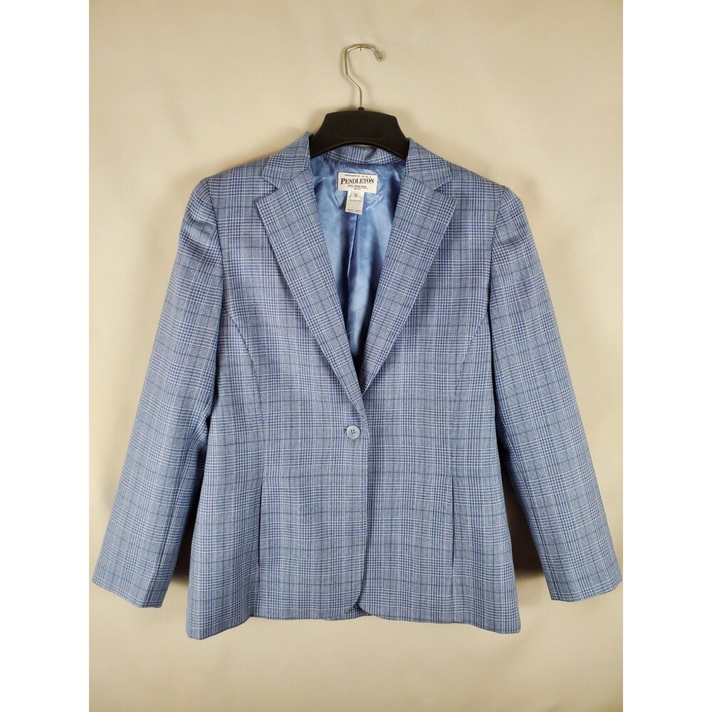 Pendelton 100% Virgin Wool Suit Blazer Pants Size 12 Petite Light Blue Plaid.